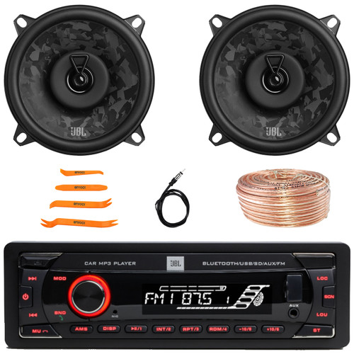 JBL Celebrity100 Single DIN Bluetooth USB/AUX SD/MP3 FM Radio High Power Meshless Car Audio Stereo Receiver, 2x 5.25" 480W Max 2-Way Coaxial Automotive Speakers, Speaker Wire, Antenna, Pry Tool Set