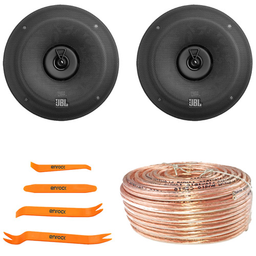 One Pair (QTY 2) Of JBL STAGE3 68 6.5" 560 Watt Max Power Coaxial Car Audio Speakers With Grille, 50 Feet 18 Gauge Speaker Wire, 4-Piece Car Door Trim Panel Stereo Radio Installer Removal Pry Tool Set