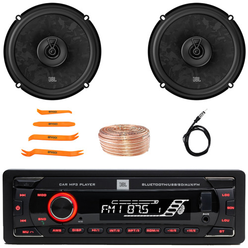 JBL Celebrity100 Single DIN Bluetooth USB/AUX SD/MP3 FM Radio High Power Meshless Car Audio Stereo Receiver, 2x 6.5" 560W Max Power 2-Way Automotive Speakers, Speaker Wire, Radio Antenna, Pry Tool Set
