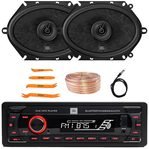 JBL Celebrity100 Single DIN Bluetooth USB/AUX SD/MP3 FM Radio High Power Car Audio Stereo Receiver, 2x 6x8" 560W Max Power 2-Way Coaxial Automotive Speakers, Speaker Wire, Radio Antenna, Pry Tool Set