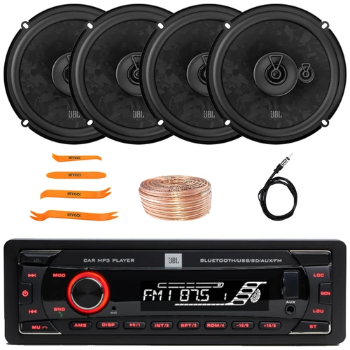 JBL Celebrity100 Single DIN Bluetooth USB/AUX SD/MP3 FM Radio High Power Meshless Car Audio Stereo Receiver, 4x 6.5" 560W Max Power 3-Way Automotive Speakers, Speaker Wire, Radio Antenna, Pry Tool Set