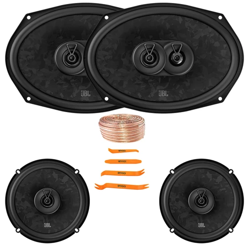 2x JBL Stage3 968MF 6x9" 640 Watt Max Power 3-Way Car Audio Speakers, 2x JBL Stage3 68F 6.5" 560 Watt Max Power 2-Way Coaxial Automotive Speakers, 50 Feet 18 Gauge Speaker Wire, Pry Tool Set