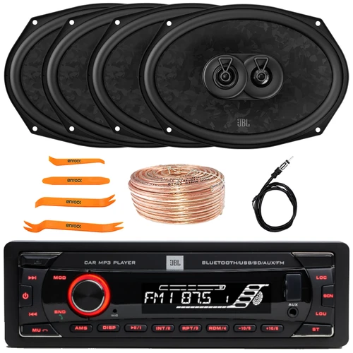 JBL Celebrity100 Single DIN Bluetooth USB/AUX SD/MP3 FM Radio High Power Meshless Car Audio Stereo Receiver, 4x 6x9" 640W Max Power 3-Way Automotive Speakers, Speaker Wire, Radio Antenna, Pry Tool Set