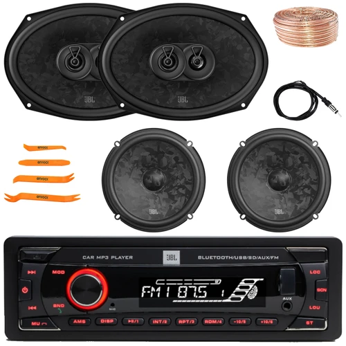 JBL Celebrity100 Single DIN Bluetooth USB/AUX SD/MP3 FM Radio High Power Car Audio Stereo Receiver, 2x 6x9" 640W Max 3-Way Speakers, 2x 6.5" 760W Max Component Speakers, Wire, Antenna, Pry Tool Set