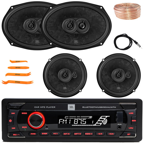 JBL Celebrity100 Single DIN Bluetooth USB/AUX SD/MP3 FM Radio High Power Car Audio Stereo Receiver, 2x 6x9" 640W Max 3-Way Speakers, 2x 6.5" 560W Max 3-Way Speakers, Wire, Antenna, Pry Tool Set