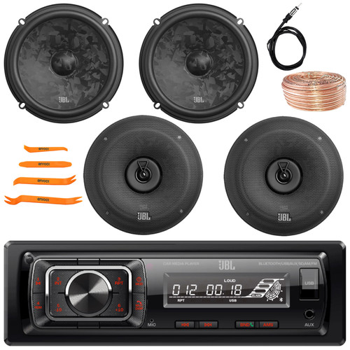 JBL Celebrity150 Single DIN Bluetooth USB/AUX SD Card FM Radio High Power Car Audio Media Receiver, 2x 6.5" 760W Component Speakers, 2x 6.5" 560W Max Coaxial Speakers, Wire, Antenna, Pry Tool Set