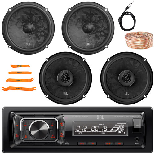 JBL Celebrity150 Single DIN Bluetooth USB/AUX SD Card FM Radio High Power Car Audio Media Receiver, 2x 6.5" 760W Component Speakers, 2x 6.5" 560W Max 2-Way Speakers, Wire, Antenna, Pry Tool Set