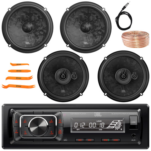 JBL Celebrity150 Single DIN Bluetooth USB/AUX SD Card FM Radio High Power Car Audio Media Receiver, 2x 6.5" 760W Component Speakers, 2x 6.5" 560W Max 3-Way Speakers, Wire, Antenna, Pry Tool Set