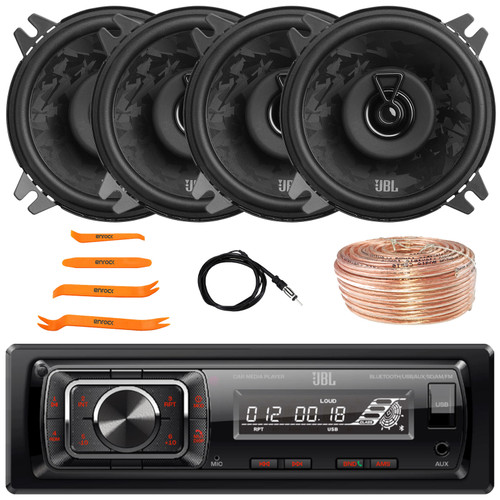JBL Celebrity150 Single DIN Bluetooth USB/AUX SD Card FM Radio High Power Mechless Car Audio Media Receiver, 4x 4" 400 Watt Max 2-Way Coaxial Automotive Speakers, Speaker Wire, Antenna, Pry Tool Set