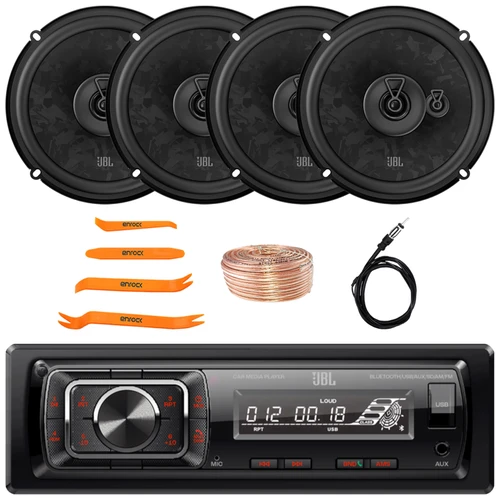 JBL Celebrity150 Single DIN Bluetooth USB/AUX SD Card FM Radio High Power Car Audio Media Receiver, 4x 6.5" 560 Watt Max Power 3-Way Automotive Speakers, Speaker Wire, Radio Antenna, Pry Tool Set