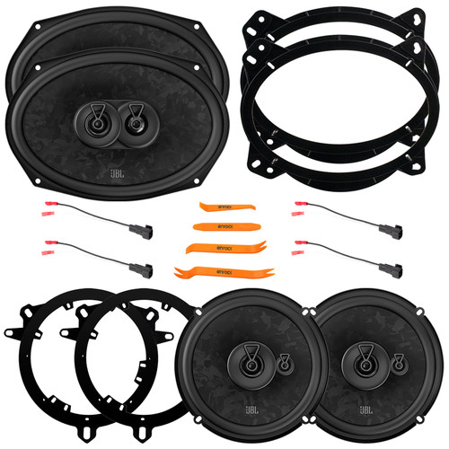 2x JBL Stage3 968MF 6x9" 640 Watt Max Power 3-Way Car Audio Speakers w/Adapters, 2x JBL Stage3 68MF 6.5" 560 Watt Max Power 3-Way Automotive Speakers w/Adapters, Speaker Harness, Pry Tool Set