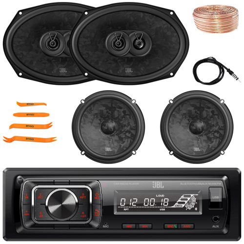 JBL Celebrity150 Single DIN Bluetooth USB/AUX SD Card FM Radio High Power Car Audio Media Receiver, 2x 6x9" 640W Max 3-Way Speakers, 2x 6.5" 760W Max Component Speakers, Wire, Antenna, Pry Tool Set