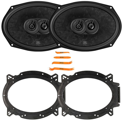 2x JBL Stage3 968MF 6x9" 640 Watt Max Power 3-Way Car Audio Speakers, 2x 6x9" Speaker Bracket Adapters, 4-Piece Car Door Trim Panel Dash Stereo Radio Installer Removal Pry Tool Set
