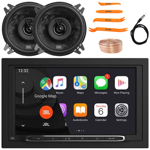 JBL Legend 700 7” Touchscreen Display Double-DIN Mechless Bluetooth AM/FM Receiver, 2x 4" 400W Max 2-Way Coaxial Automotive Speakers, 50 Feet 18 Gauge Speaker Wire, 22" Radio Antenna, Pry Tool Set
