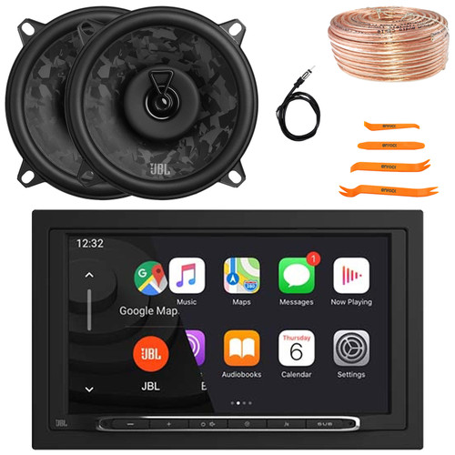 JBL Legend 700 7” Touchscreen Display Double-DIN Mechless Bluetooth AM/FM Receiver, 2x 5.25" 480W Max 2-Way Coaxial Automotive Speakers, 50 Feet 18 Gauge Speaker Wire, 22" Radio Antenna, Pry Tool Set