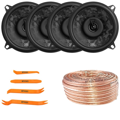 Two Pairs (QTY 4) Of JBL Stage3 58F 5.25" 480 Watt Max Power 2-Way Coaxial Car Audio Speakers, 50 Feet 18 Gauge Speaker Wire, 4-Piece Car Door Trim Panel Stereo Radio Installer Removal Pry Tool Set