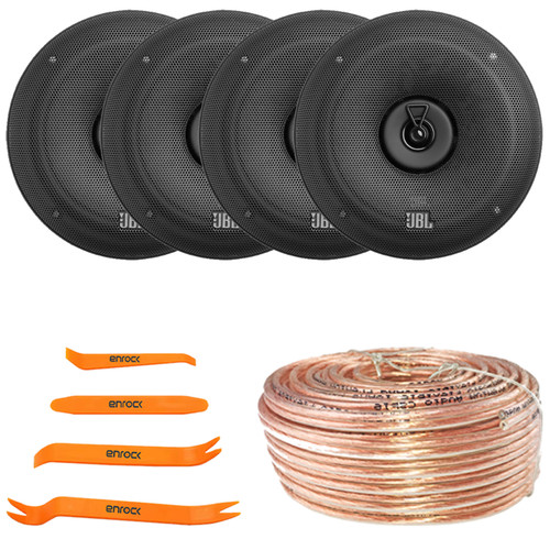 Two Pairs (QTY 4) of JBL STAGE3 68 6.5" 560W Max Power Coaxial Car Audio Speakers With Grille, 50 Feet 18 Gauge Speaker Wire, 4-Piece Car Door Trim Panel Stereo Radio Installer Removal Pry Tool Set