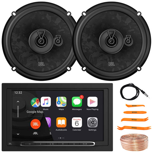 JBL Legend 700 7” Touchscreen Display Double-DIN Mechless Bluetooth AM/FM Receiver, 2x JBL Stage3 68MF 6.5" 560 Watt Max Power 3-Way Car Audio Speakers, Speaker Wire, Radio Antenna, Pry Tool Set