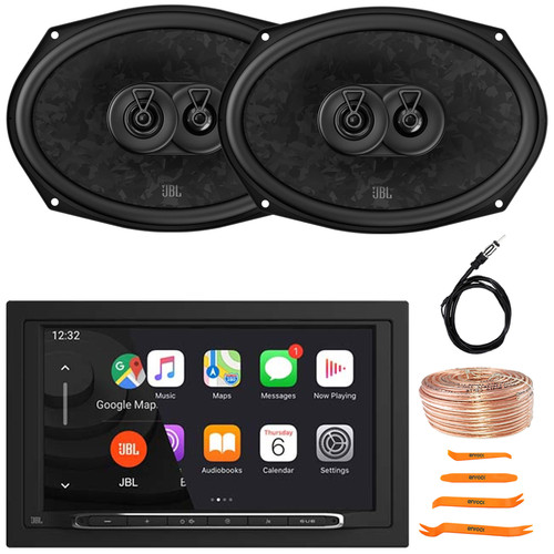 JBL Legend 700 7” Touchscreen Display Double-DIN Mechless Bluetooth AM/FM Receiver, 2x 6x9" 640W Max Power 3-Way Automotive Speakers, 50 Feet 18 Gauge Speaker Wire, 22" Radio Antenna, Pry Tool Set