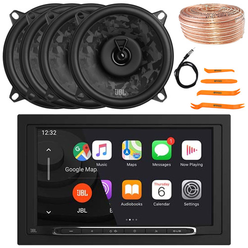 JBL Legend 700 7” Touchscreen Display Double-DIN Mechless Bluetooth AM/FM Receiver, 4x 5.25" 480W Max 2-Way Coaxial Automotive Speakers, 50 Feet 18 Gauge Speaker Wire, 22" Radio Antenna, Pry Tool Set