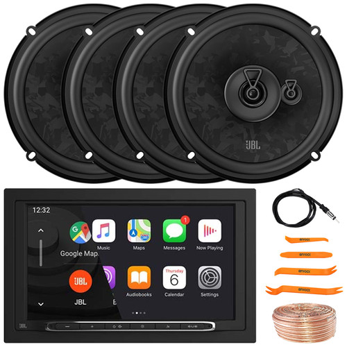 JBL Legend 700 7” Touchscreen Display Double-DIN Mechless Bluetooth AM/FM Receiver, 4x JBL Stage3 68MF 6.5" 560 Watt Max Power 3-Way Car Audio Speakers, Speaker Wire, Radio Antenna, Pry Tool Set