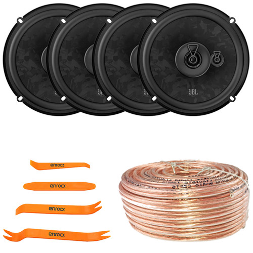 Two Pairs (QTY 4) of JBL Stage3 68MF 6.5" 560 Watt Max Power 3-Way Car Audio Speakers, 50 Feet 18 Gauge Speaker Wire, 4-Piece Car Door Trim Panel Stereo Radio Installer Removal Pry Tool Set
