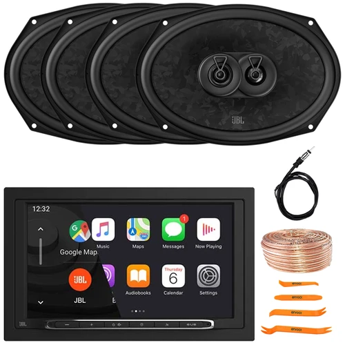JBL Legend 700 7” Touchscreen Display Double-DIN Mechless Bluetooth AM/FM Receiver, 4x 6x9" 640W Max Power 3-Way Automotive Speakers, 50 Feet 18 Gauge Speaker Wire, 22" Radio Antenna, Pry Tool Set