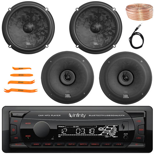 Infinity Alpha 100 Single DIN Bluetooth USB/AUX SD MP3 Player FM Digital Media Car Audio Receiver, 2x 6.5" 760W Max Component Speakers, 2x 6.5" 560W Max Coaxial Speakers, Wire, Antenna, Pry Tool Set