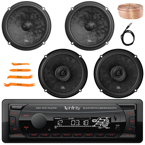 Infinity Alpha 100 Single DIN Bluetooth USB/AUX SD MP3 Player FM Digital Media Car Audio Receiver, 2x 6.5" 760W Max Component Speakers, 2x 6.5" 560W Max 2-Way Speakers, Wire, Antenna, Pry Tool Set