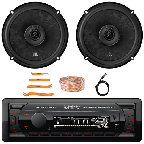 Infinity Alpha 100 Single DIN Bluetooth USB/AUX SD MP3 Player FM Radio Digital Media Car Audio Receiver, 2x 6.5" 560W Max 2-Way Coaxial Automotive Speakers, Speaker Wire, Radio Antenna, Pry Tool Set
