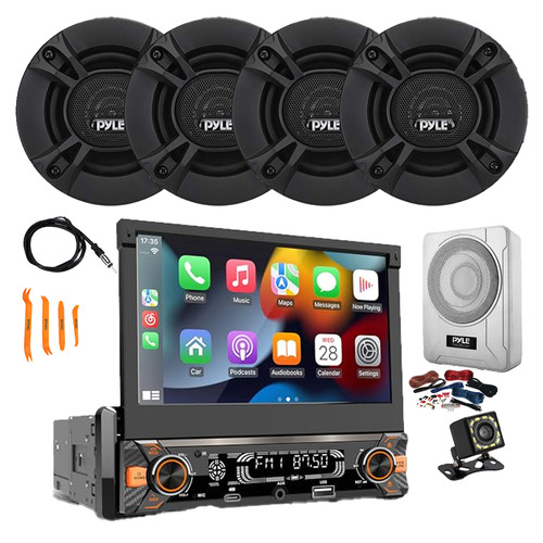 Pyle PLTS80 7" HD Touchscreen Single Din Bluetooth AM/FM Stereo Receiver, Night Vision Backup Camera, 4x 4'' 240W 2-Way Audio Speakers, 8" Amplified Subwoofer w/Wiring Kit (Grey), Antenna, Pry Tool
