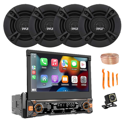 Pyle PLTS80 7" HD Touchscreen Single Din Bluetooth AM/FM Stereo Receiver, Night Vision Backup Camera, 4x 4'' 240W 2-Way Audio Speakers, Wire, Pry Tool