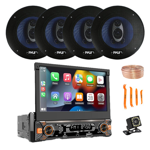 Pyle PLTS80 7" HD Touchscreen Single Din Bluetooth AM/FM Stereo Receiver, Night Vision Backup Camera, 4x 5.25'' 200W 3-Way Audio Speakers, Wire, Pry Tool