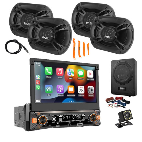 Pyle PLTS80 7" HD Touchscreen Single Din Bluetooth AM/FM Stereo Receiver, Night Vision Backup Camera, 4x 6x8'' 400W 3-Way Audio Speakers, 8" Amplified Subwoofer w/Wiring Kit, Antenna, Pry Tool