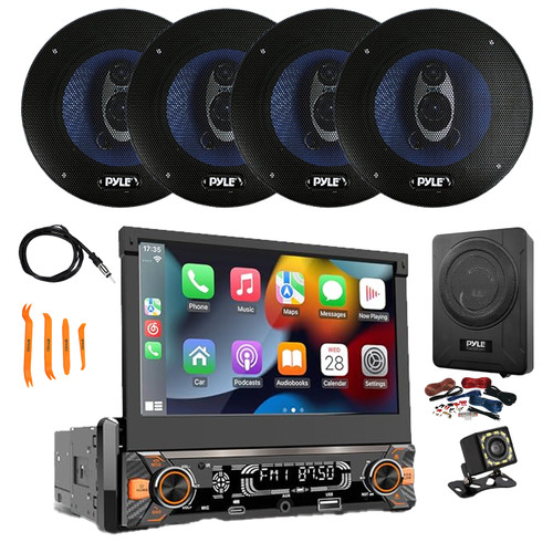 Pyle PLTS80 7" HD Touchscreen Single Din Bluetooth AM/FM Stereo Receiver, Night Vision Backup Camera, 4x 6.5'' 360W 3-Way Audio Speakers, 8" Amplified Subwoofer w/Wiring Kit, Antenna, Pry Tool