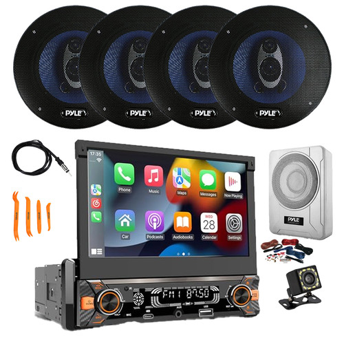 Pyle PLTS80 7" HD Touchscreen Single Din Bluetooth AM/FM Stereo Receiver, Night Vision Backup Camera, 4x 6.5'' 360W 3-Way Audio Speakers, 8" Amplified Subwoofer w/Wiring Kit (Grey), Antenna, Pry Tool