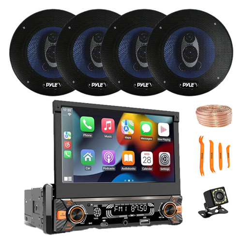 Pyle PLTS80 7" HD Touchscreen Single Din Bluetooth AM/FM Stereo Receiver, Night Vision Backup Camera, 4x 6.5'' 360W 3-Way Audio Speakers, Wire, Pry Tool