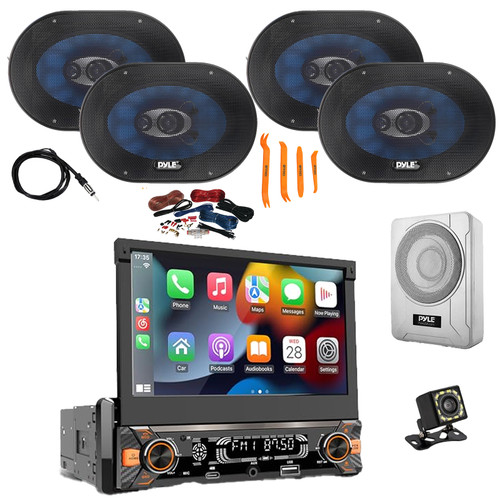 Pyle PLTS80 7" HD Touchscreen Single Din Bluetooth AM/FM Stereo Receiver, Night Vision Backup Camera, 4x 6x9'' 400W 4-Way Audio Speakers, 8" Amplified Subwoofer w/Wiring Kit (Grey), Antenna, Pry Tool
