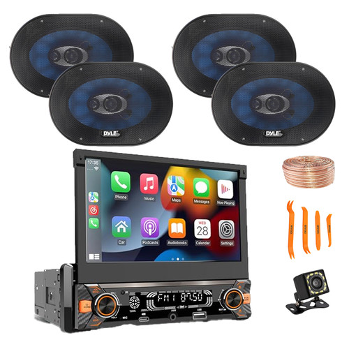 Pyle PLTS80 7" HD Touchscreen Single Din Bluetooth AM/FM Stereo Receiver, Night Vision Backup Camera, 4x 6x9'' 400W 4-Way Audio Speakers, Wire, Pry Tool
