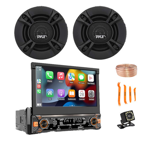 Pyle PLTS80 7" HD Touchscreen Single Din Bluetooth AM/FM Stereo Receiver, Night Vision Backup Camera, 2x 4'' 240W 2-Way Audio Speakers, Wire, Pry Tool