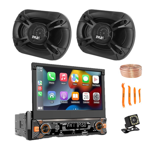Pyle PLTS80 7" HD Touchscreen Single Din Bluetooth AM/FM Stereo Receiver, Night Vision Backup Camera, 2x 6x8'' 400W 3-Way Audio Speakers, Wire, Pry Tool