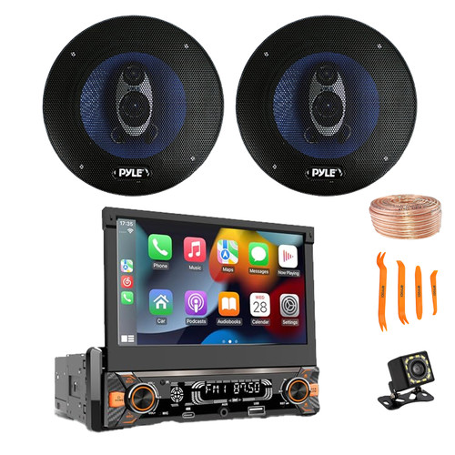 Pyle PLTS80 7" HD Touchscreen Single Din Bluetooth AM/FM Stereo Receiver, Night Vision Backup Camera, 2x 6.5'' 360W 3-Way Audio Speakers, Wire, Pry Tool