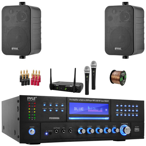 Pyle PD1000BA Bluetooth USB MP3 AM/FM Home Theater Preamplifier Receiver, 2x Enrock EKMR408B 4" 30 Watt Max Power 3-Way Indoor/Outdoor Black Speakers, Wireless Microphone System, Banana Plugs, Wire