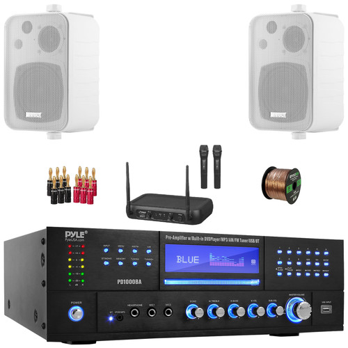 Pyle PD1000BA Bluetooth USB MP3 AM/FM Home Theater Preamplifier Receiver, 2x 4" 30 Watt Max Power 3-Way Indoor/Outdoor White Speakers, VHF Wireless Microphone System, Banana Plugs, Wire