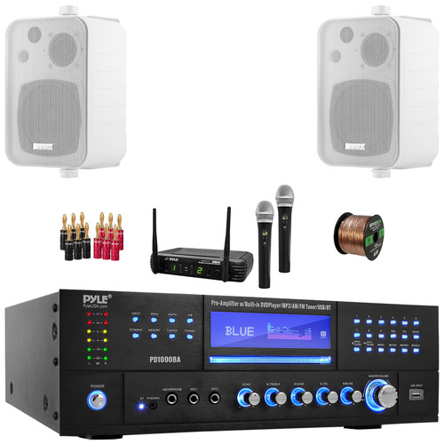 Pyle PD1000BA Bluetooth USB MP3 AM/FM Home Theater Preamplifier Receiver, 2x Enrock EKMR408W 4" 30 Watt Max Power 3-Way Indoor/Outdoor White Speakers, Wireless Microphone System, Banana Plugs, Wire