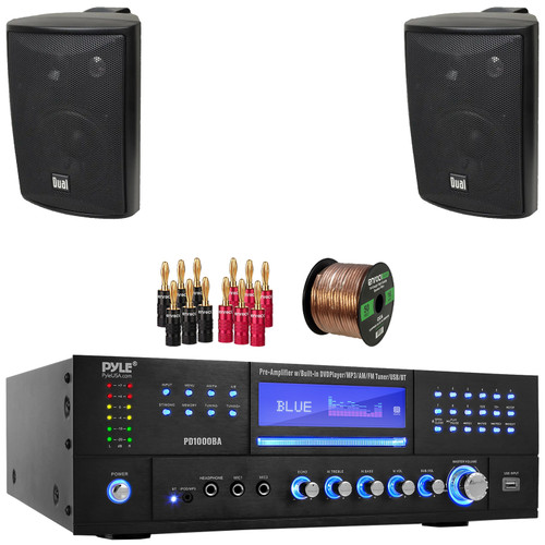 Pyle PD1000BA Bluetooth USB MP3 Player AM/FM Radio Home Theater Preamplifier Receiver, 2x Dual Electronics LU47PB 4" 200 Watt Max Power 3-Way Indoor/Outdoor Black Speakers, Banana Plugs, Speaker Wire