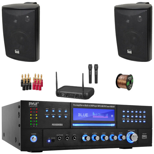 Pyle PD1000BA Bluetooth USB MP3 AM/FM Home Theater Preamplifier Receiver, 2x 4" 200 Watt Max Power 3-Way Indoor/Outdoor Black Speakers, VHF Wireless Microphone System, Banana Plugs, Wire