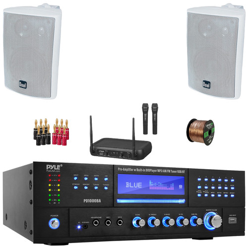 Pyle PD1000BA Bluetooth USB MP3 AM/FM Home Theater Preamplifier Receiver, 2x 4" 200 Watt Max Power 3-Way Indoor/Outdoor White Speakers, VHF Wireless Microphone System, Banana Plugs, Wire