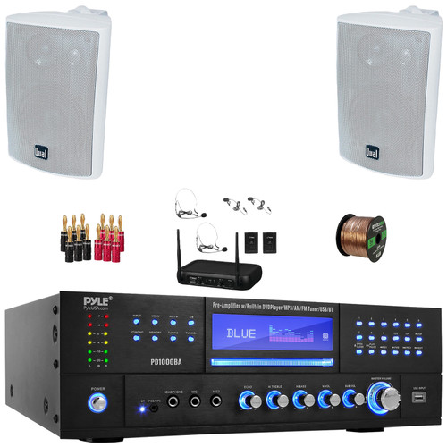 Pyle PD1000BA Bluetooth USB MP3 AM/FM Home Theater Preamplifier Receiver, 2x 4" 200 Watt Max Power 3-Way Indoor/Outdoor White Speakers, VHF Wireless Microphone System, Banana Plugs, Speaker Wire