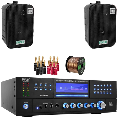 Pyle PD1000BA Bluetooth USB MP3 Player AM/FM Radio Home Theater Preamplifier Receiver, 2x Pyle PDWR40B 5.25" 400 Watt Max Power Waterproof Indoor/Outdoor Black Speakers, Banana Plugs, Speaker Wire